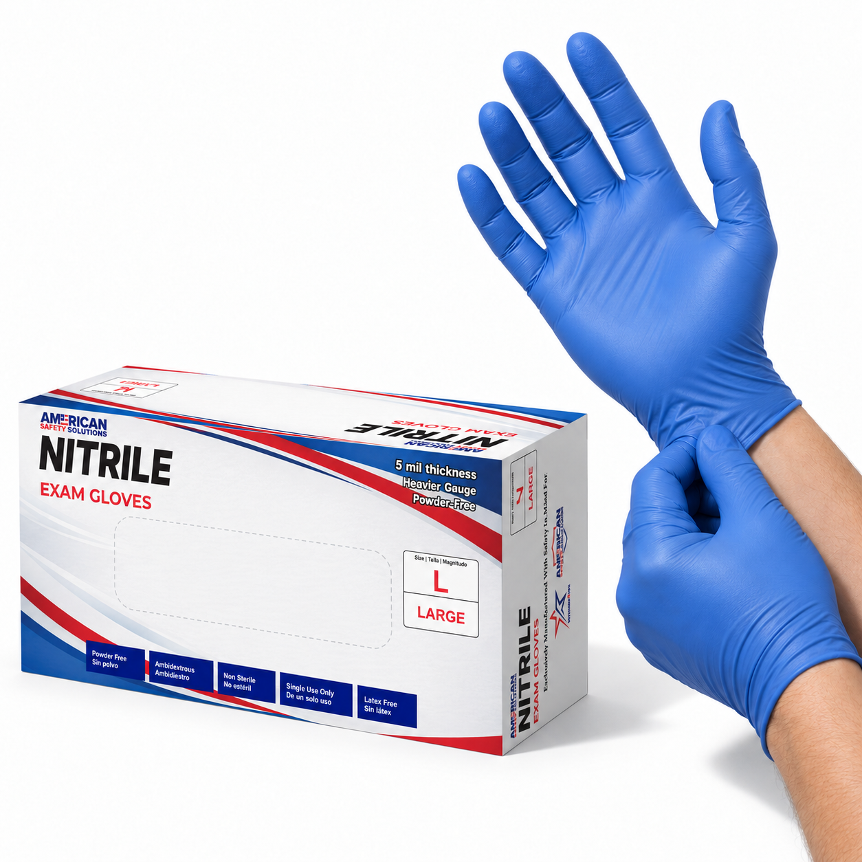 Box of 5 mil nitrile exam gloves with blue gloved hands