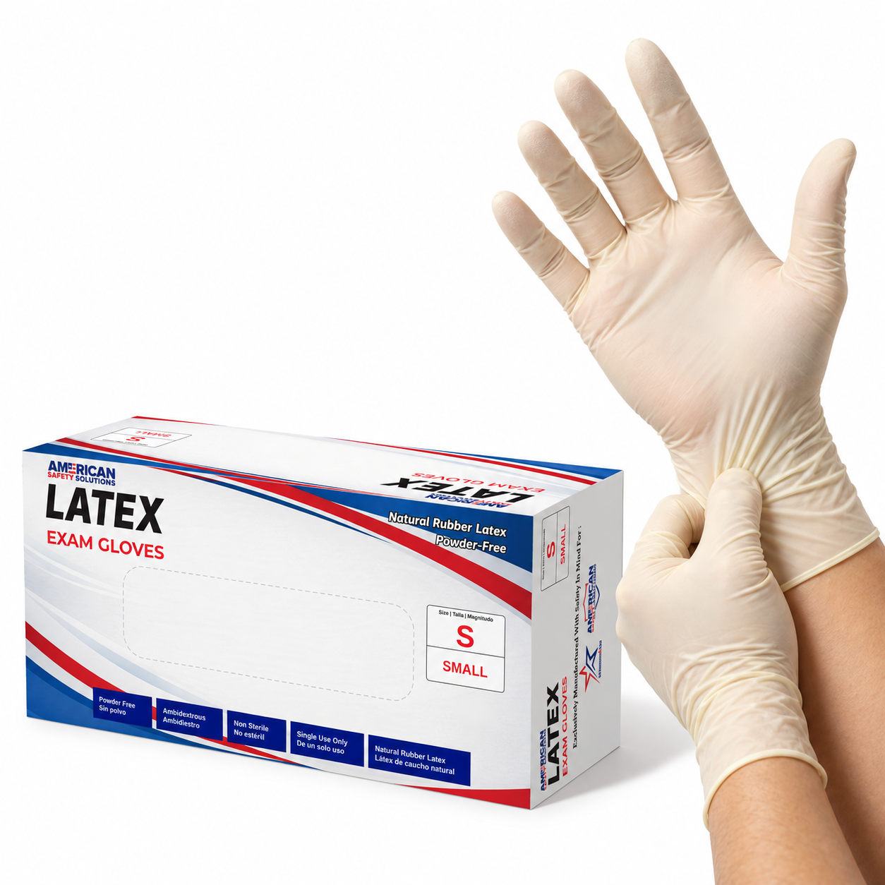 Box of latex exam gloves with natural latex gloved hands