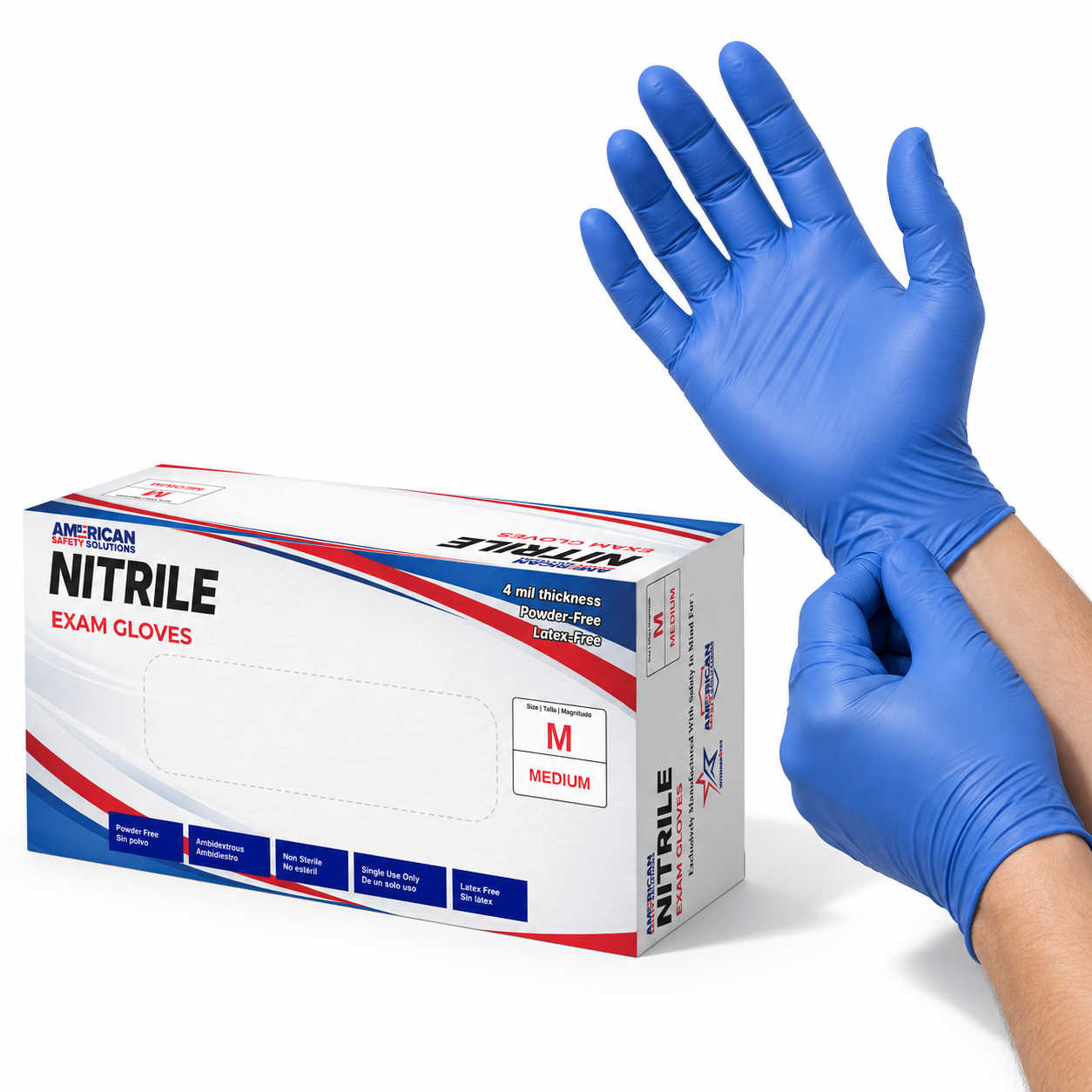 Box of 4 mil nitrile exam gloves with blue gloved hands