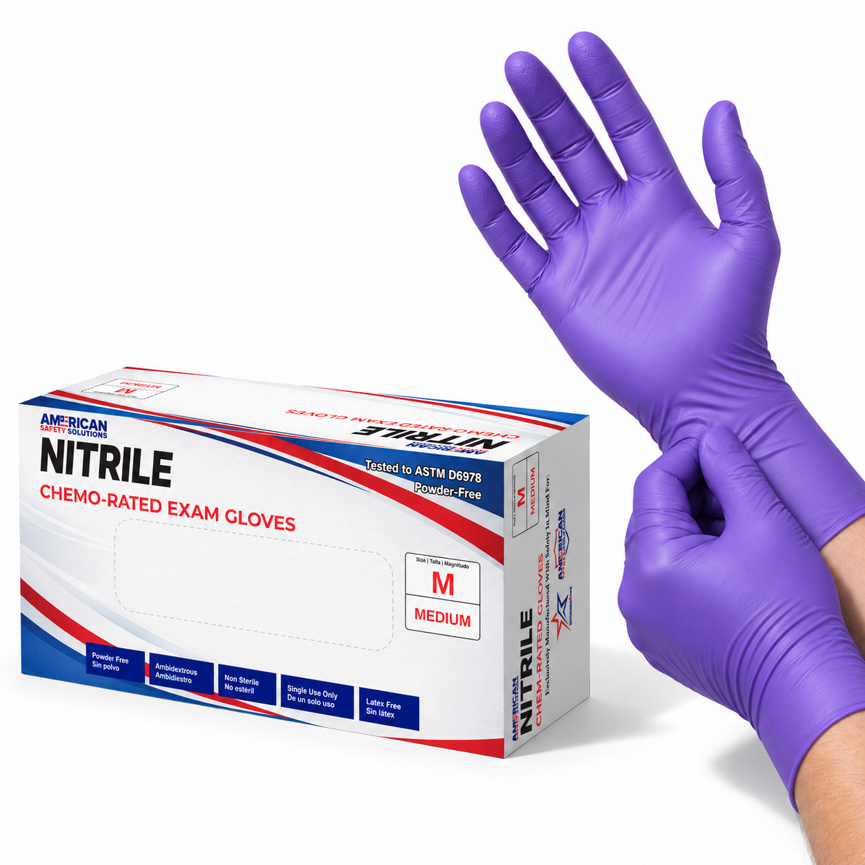 Box of chemo-rated nitrile exam gloves with purple gloved hands
