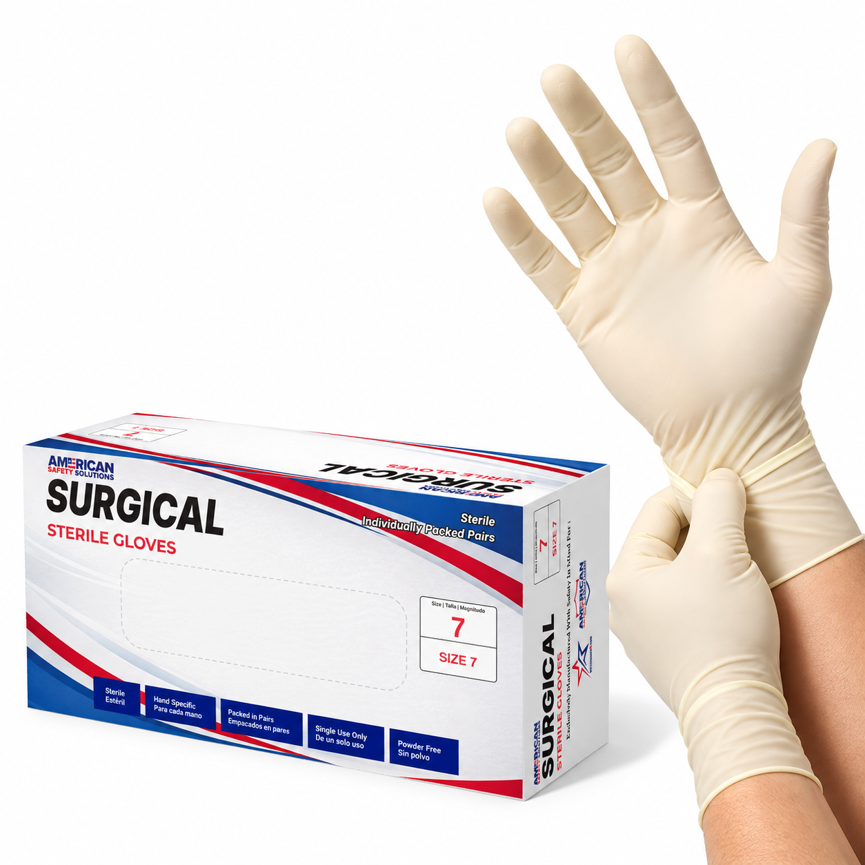 Box of sterile surgical gloves with cream latex gloved hands