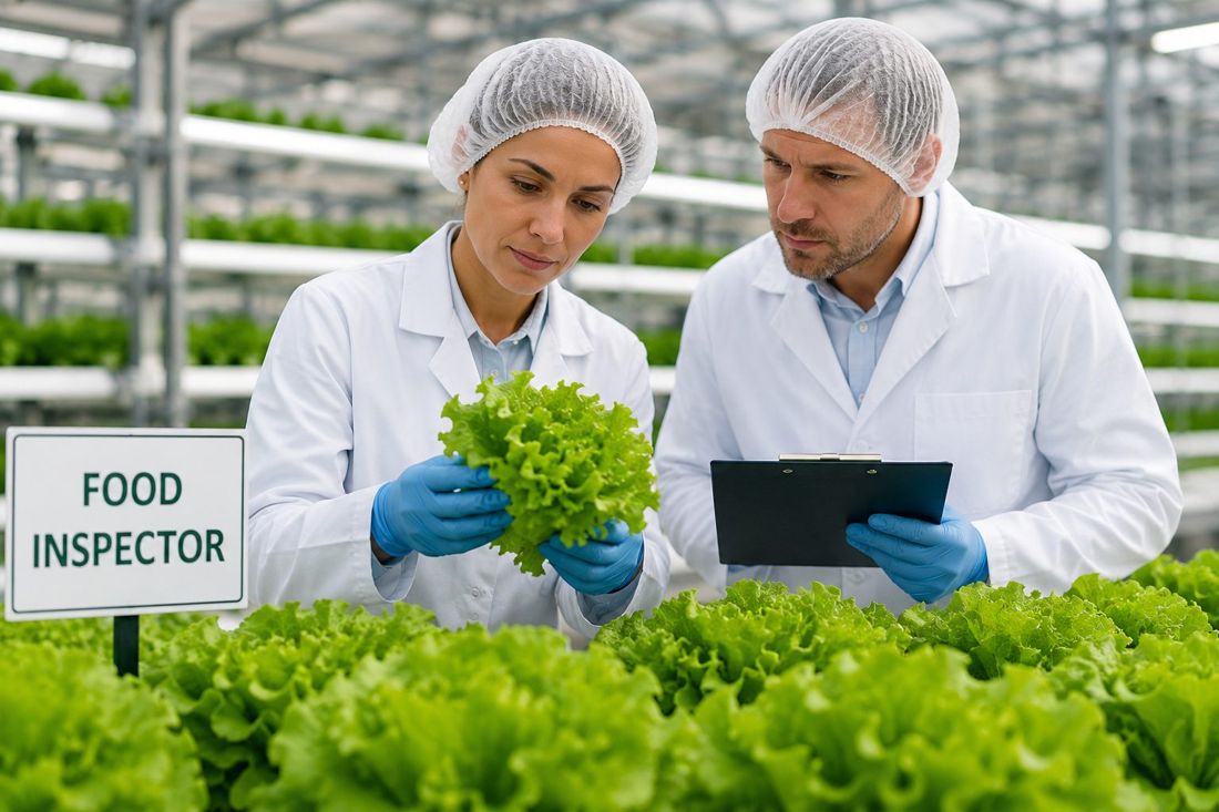 Food safety inspectors in protective gloves checking lettuce